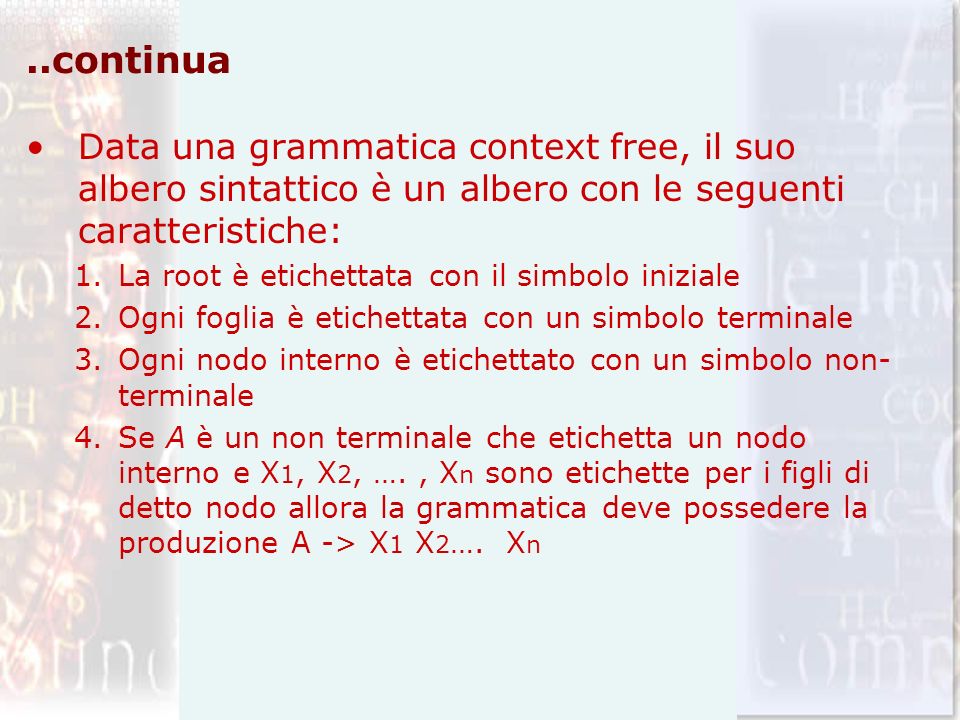 ..continua Data una grammatica context free, il suo albero sintattico è un albero con le seguenti caratteristiche: