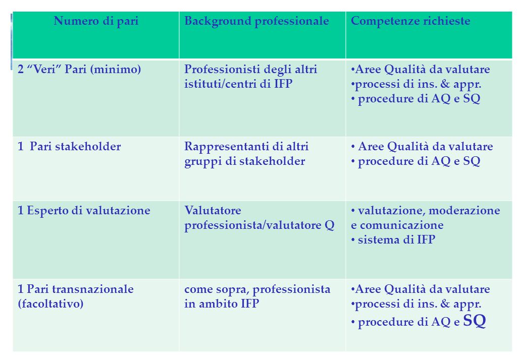 Numero di pari Background professionale. Competenze richieste. 2 Veri Pari (minimo) Professionisti degli altri istituti/centri di IFP.
