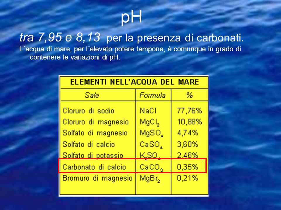 pH tra 7,95 e 8,13 per la presenza di carbonati.