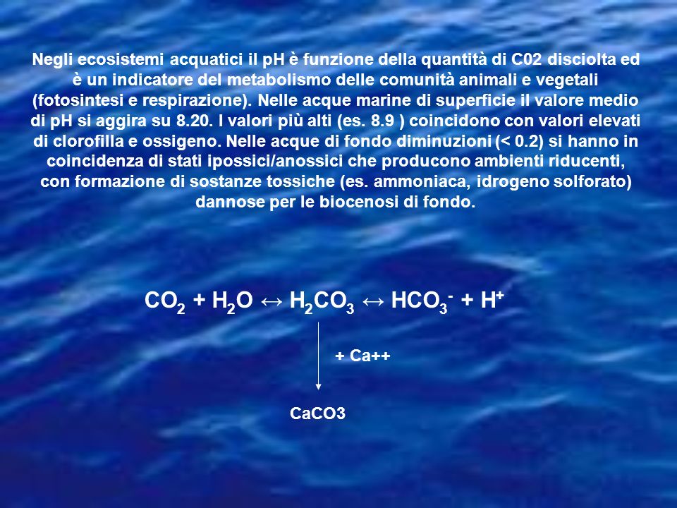 Negli ecosistemi acquatici il pH è funzione della quantità di C02 disciolta ed è un indicatore del metabolismo delle comunità animali e vegetali (fotosintesi e respirazione). Nelle acque marine di superficie il valore medio di pH si aggira su I valori più alti (es. 8.9 ) coincidono con valori elevati di clorofilla e ossigeno. Nelle acque di fondo diminuzioni (< 0.2) si hanno in coincidenza di stati ipossici/anossici che producono ambienti riducenti, con formazione di sostanze tossiche (es. ammoniaca, idrogeno solforato) dannose per le biocenosi di fondo.