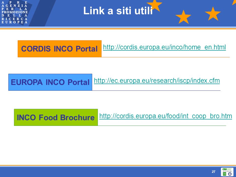 Link a siti utili CORDIS INCO Portal EUROPA INCO Portal