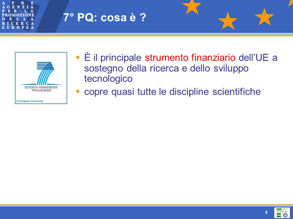 7° PQ: cosa è È il principale strumento finanziario dell’UE a sostegno della ricerca e dello sviluppo tecnologico.