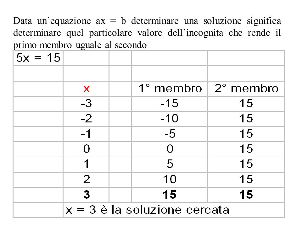 Data un’equazione ax = b determinare una soluzione significa determinare quel particolare valore dell’incognita che rende il primo membro uguale al secondo