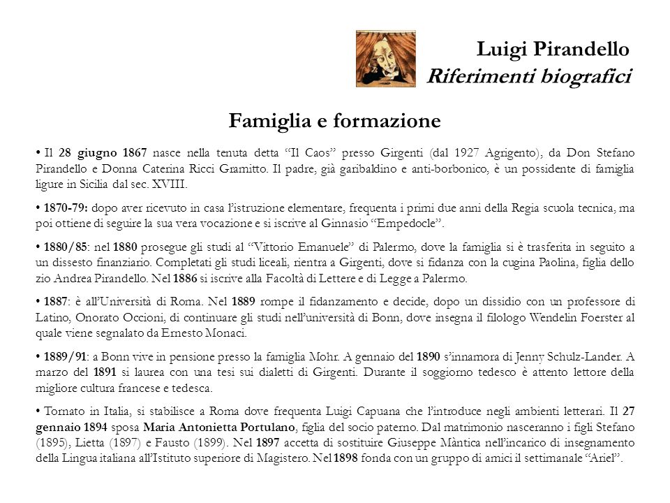 Luigi Pirandello Riferimenti biografici