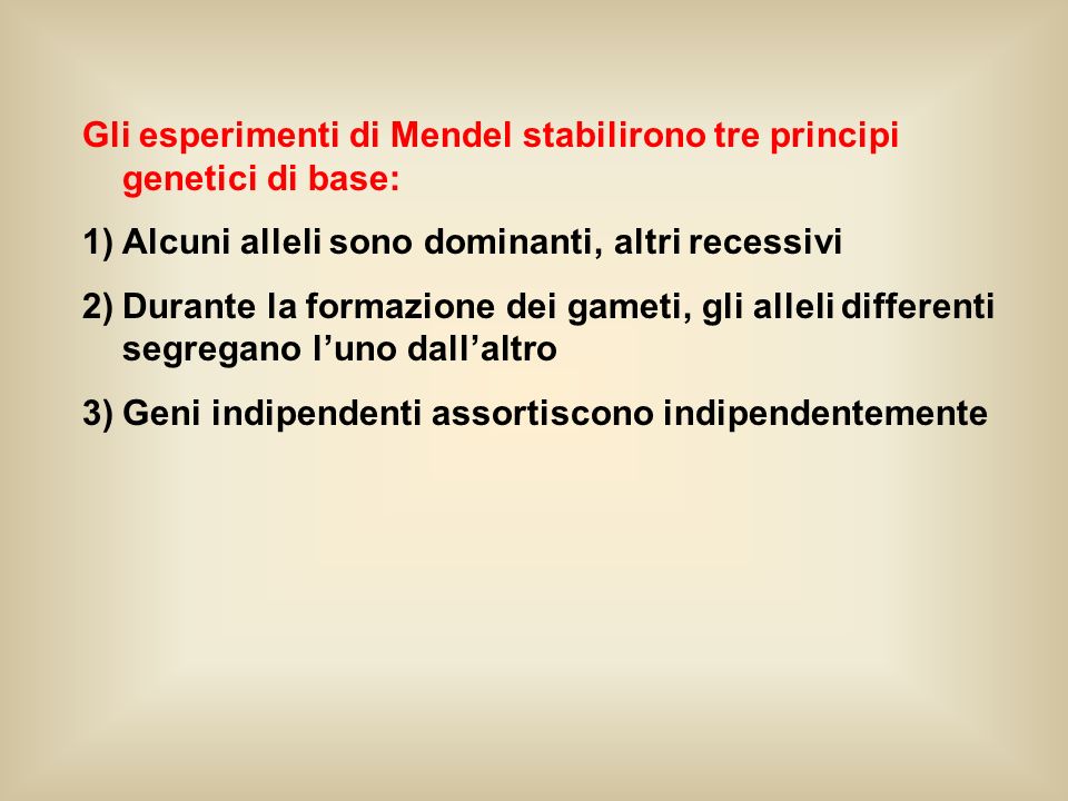 Gli esperimenti di Mendel stabilirono tre principi genetici di base: