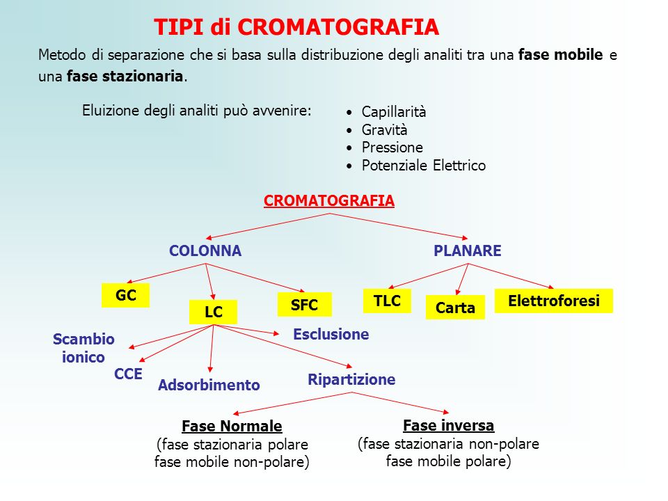 TIPI di CROMATOGRAFIA Metodo di separazione che si basa sulla distribuzione degli analiti tra una fase mobile e una fase stazionaria.