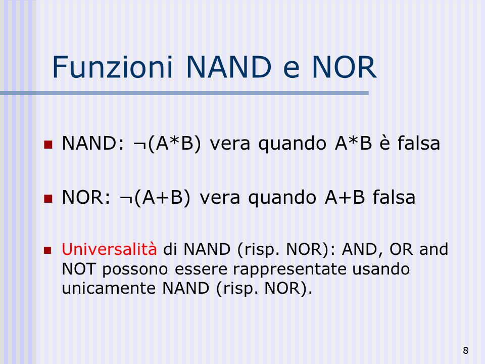 Funzioni NAND e NOR NAND: ¬(A*B) vera quando A*B è falsa