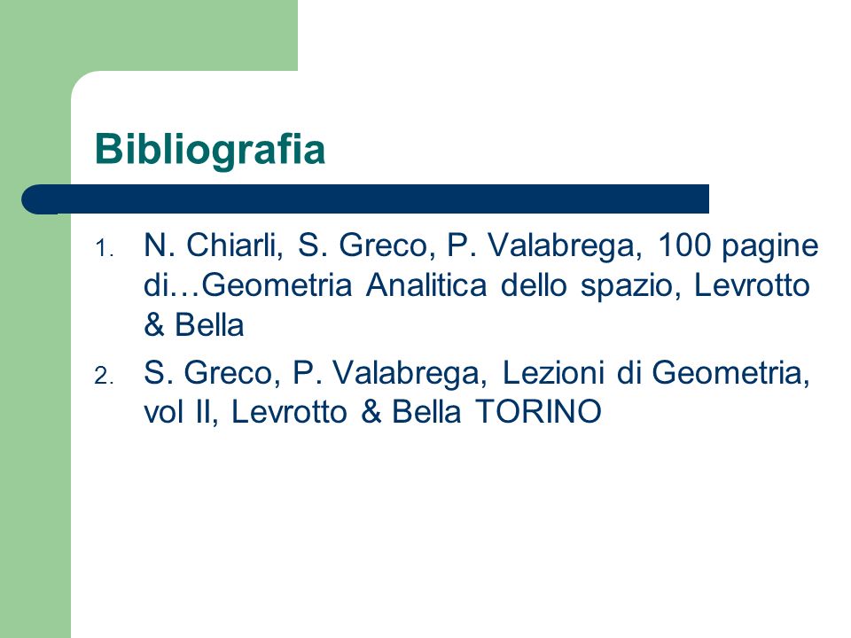 Bibliografia N. Chiarli, S. Greco, P. Valabrega, 100 pagine di…Geometria Analitica dello spazio, Levrotto & Bella.