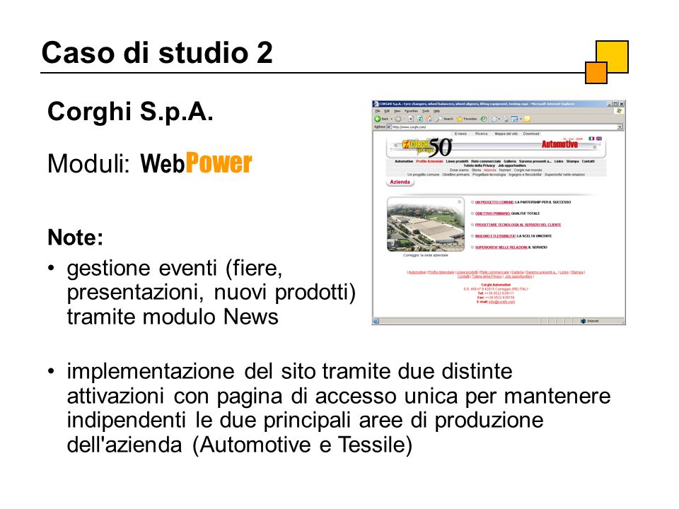 Caso di studio 2 Corghi S.p.A. Moduli: WebPower Note: