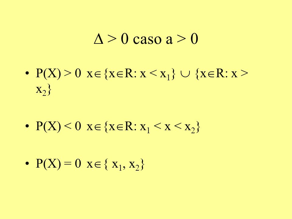 D > 0 caso a > 0 P(X) > 0 x{xR: x < x1}  {xR: x > x2} P(X) < 0 x{xR: x1 < x < x2} P(X) = 0 x{ x1, x2}