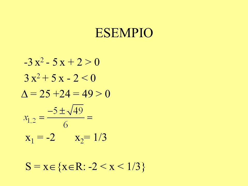 ESEMPIO -3 x2 - 5 x + 2 > 0 3 x2 + 5 x - 2 < 0