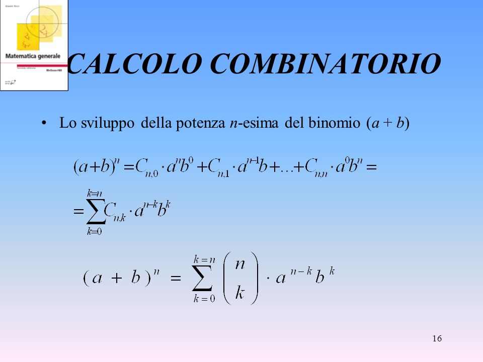 CALCOLO COMBINATORIO Lo sviluppo della potenza n-esima del binomio (a + b)