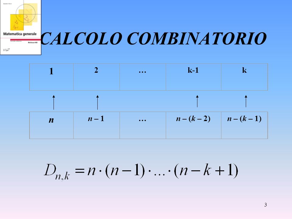 CALCOLO COMBINATORIO 1 2 … k-1 k n n – 1 … n – (k – 2) n – (k – 1)