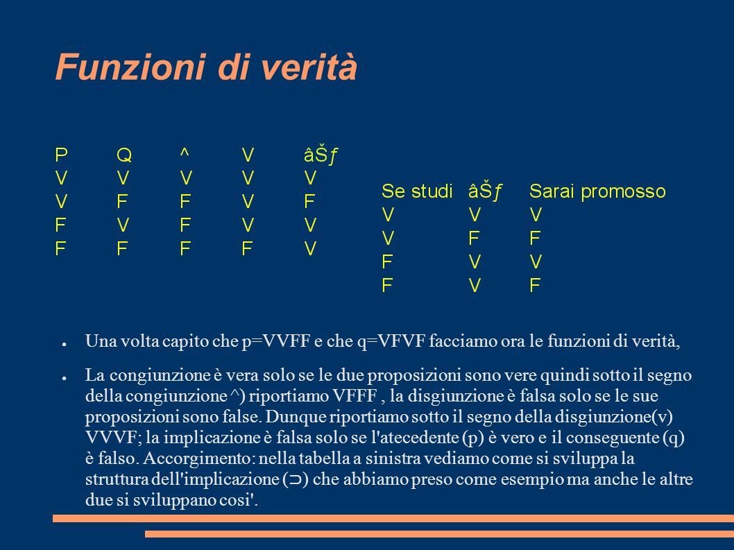 Funzioni di verità Una volta capito che p=VVFF e che q=VFVF facciamo ora le funzioni di verità,