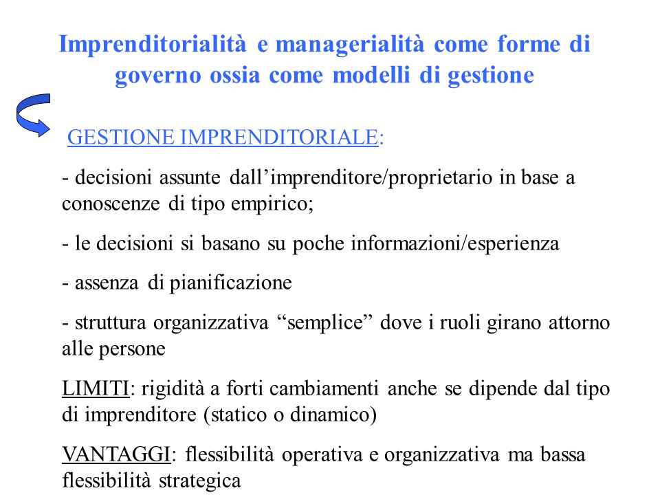 Imprenditorialità e managerialità come forme di governo ossia come modelli di gestione