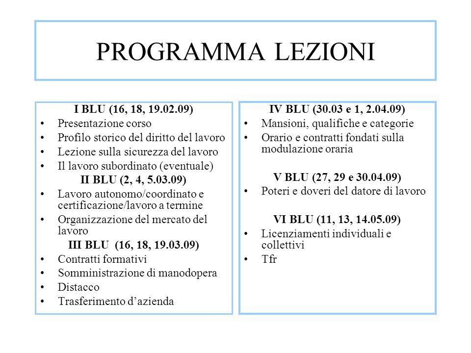 PROGRAMMA LEZIONI I BLU (16, 18, ) Presentazione corso