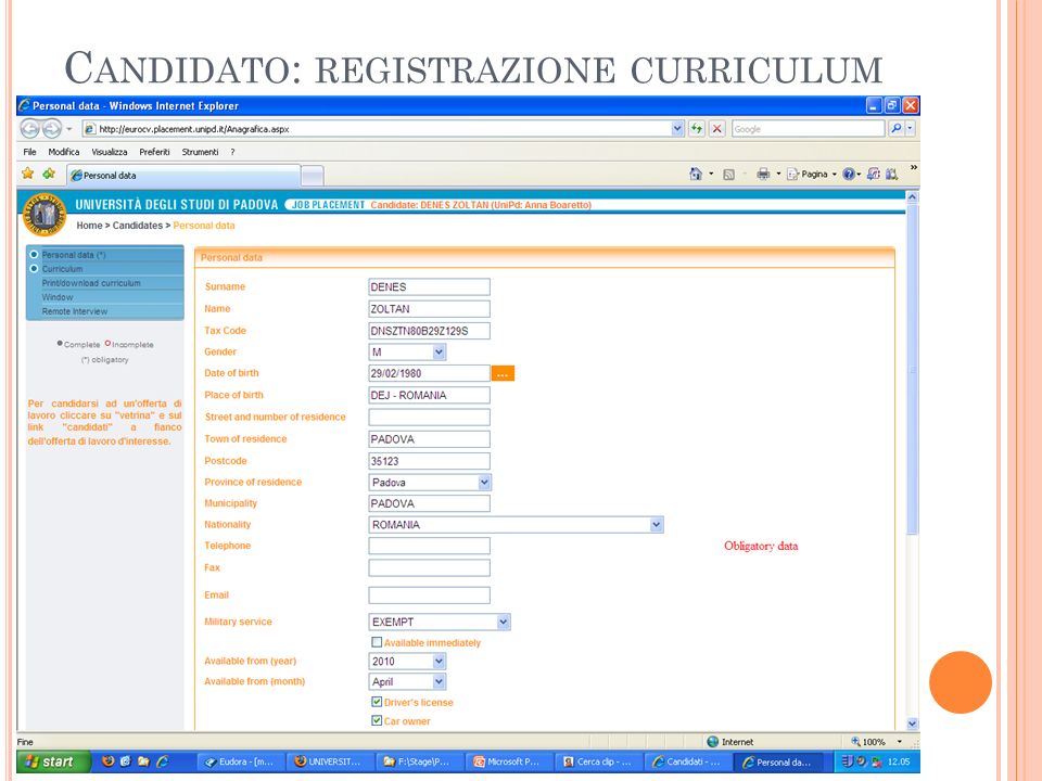 Candidato: registrazione curriculum