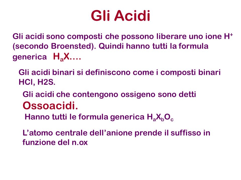 Gli Acidi Gli acidi sono composti che possono liberare uno ione H+ (secondo Broensted). Quindi hanno tutti la formula generica HaX….