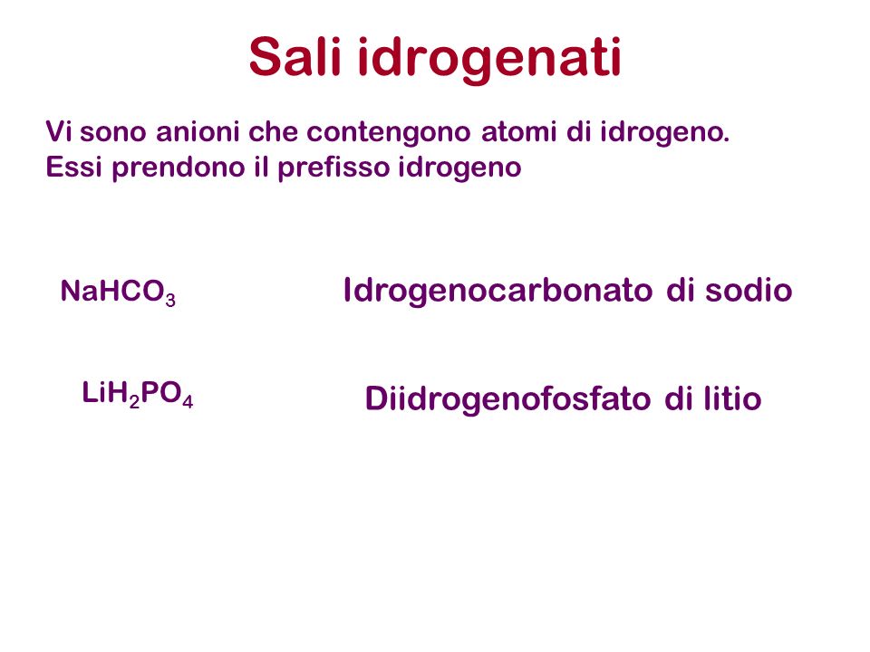 Sali idrogenati Idrogenocarbonato di sodio Diidrogenofosfato di litio
