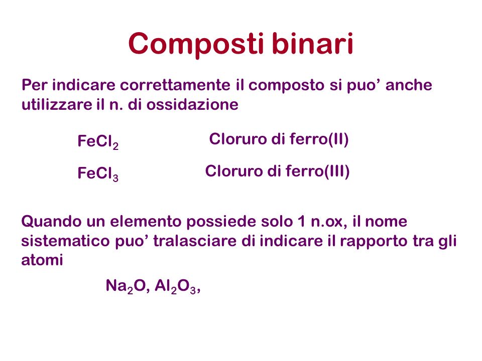 Composti binari Per indicare correttamente il composto si puo’ anche utilizzare il n. di ossidazione.