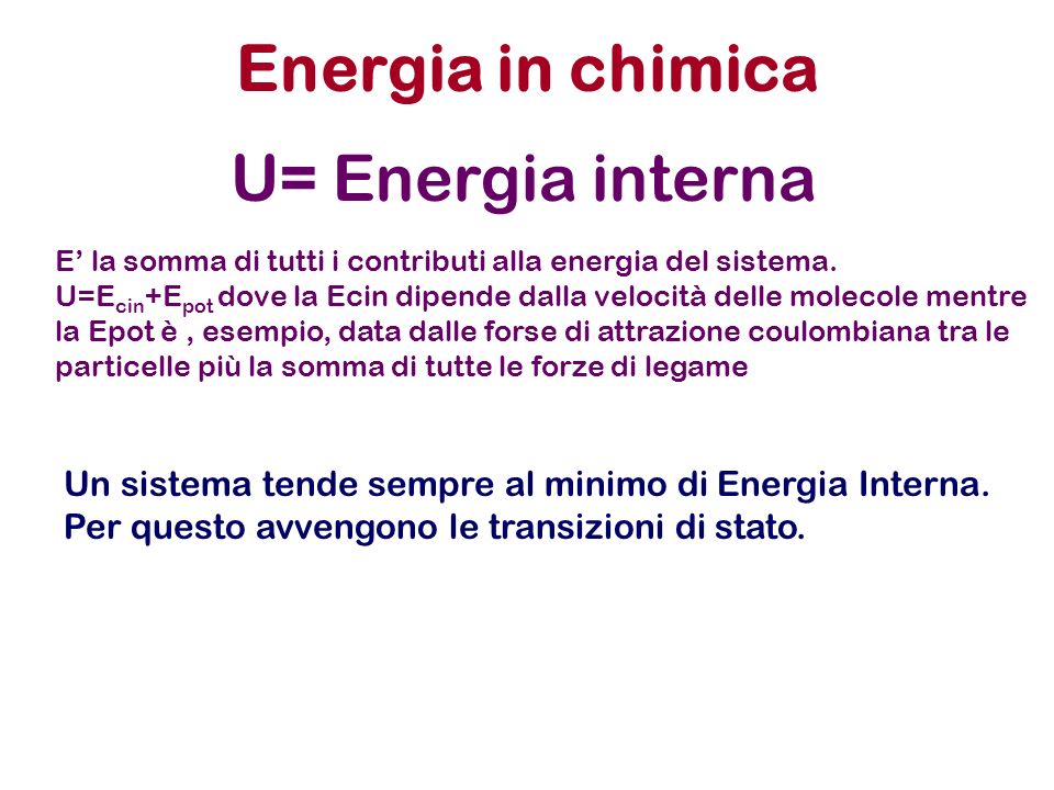 Energia in chimica U= Energia interna