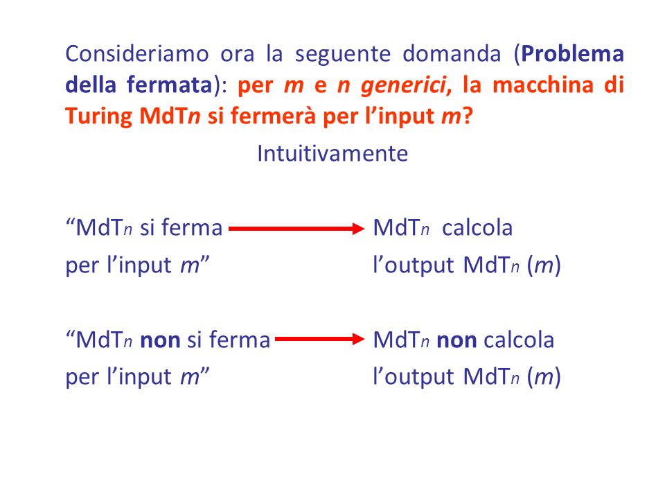 Consideriamo ora la seguente domanda (Problema della fermata): per m e n generici, la macchina di Turing MdTn si fermerà per l’input m
