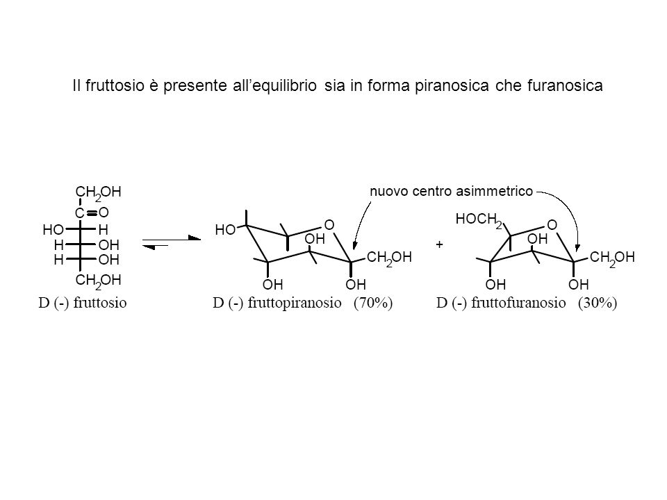 Il fruttosio è presente all’equilibrio sia in forma piranosica che furanosica