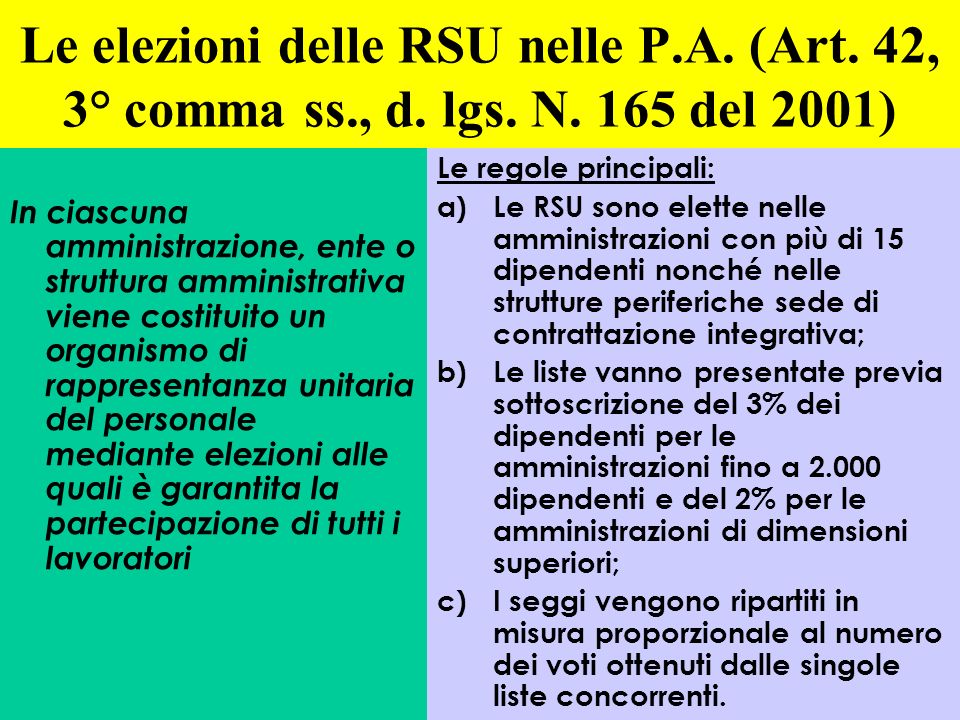 Le elezioni delle RSU nelle P. A. (Art. 42, 3° comma ss. , d. lgs. N