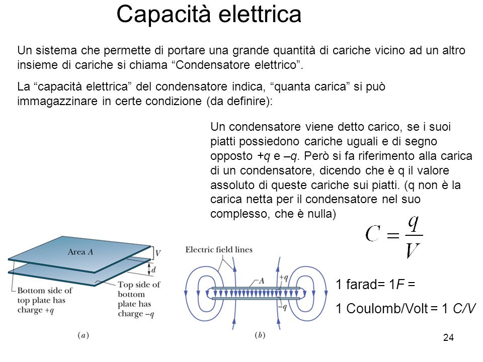 Capacità elettrica 1 farad= 1F = 1 Coulomb/Volt = 1 C/V