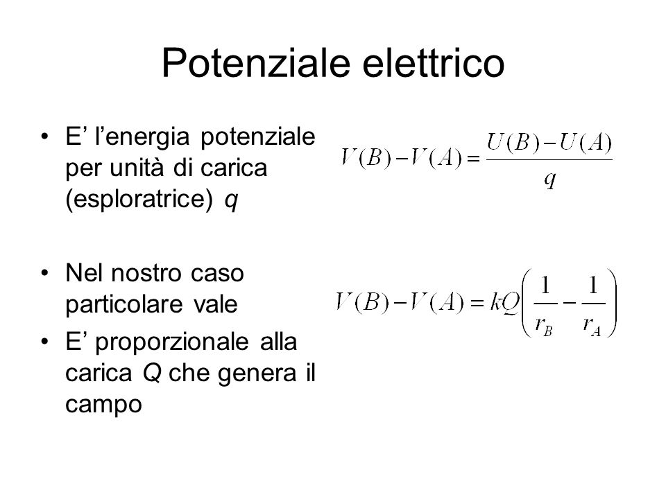Potenziale elettrico E’ l’energia potenziale per unità di carica (esploratrice) q. Nel nostro caso particolare vale.
