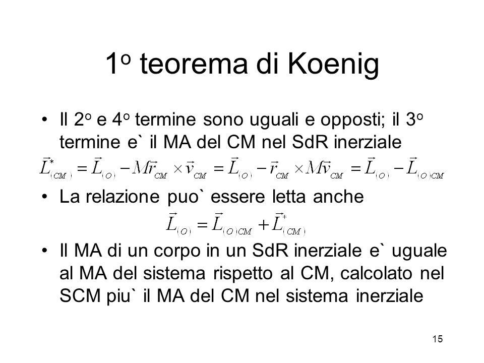 1o teorema di Koenig Il 2o e 4o termine sono uguali e opposti; il 3o termine e` il MA del CM nel SdR inerziale.