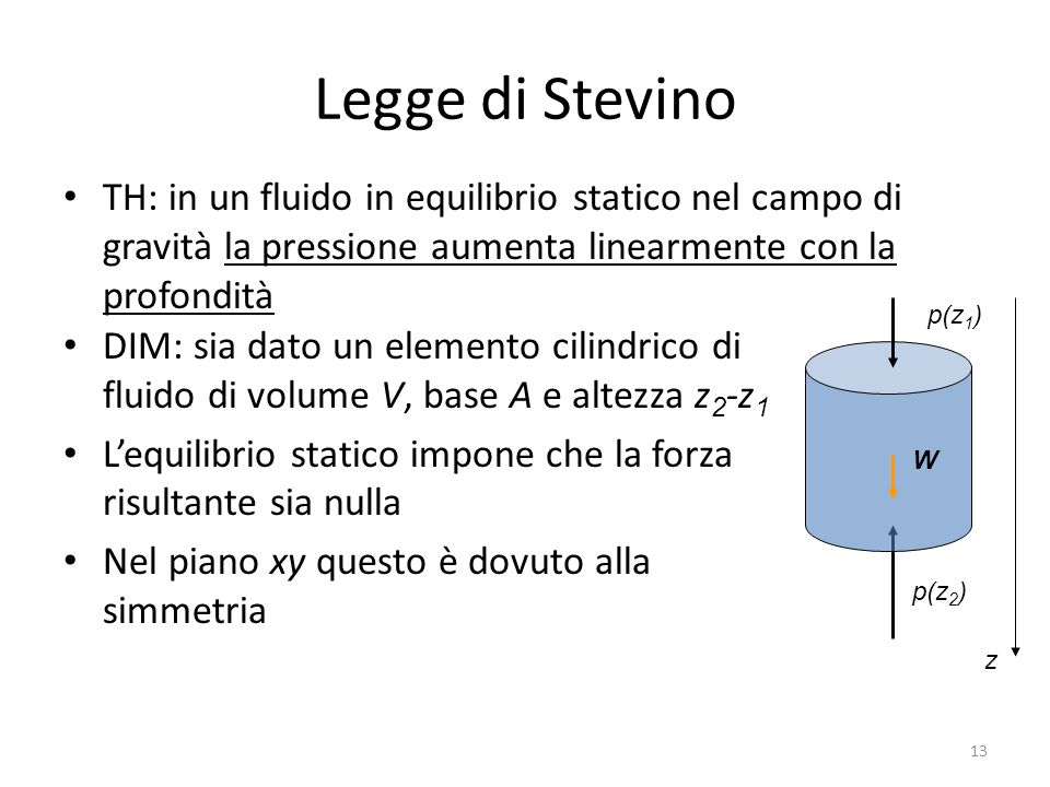 Legge di Stevino TH: in un fluido in equilibrio statico nel campo di gravità la pressione aumenta linearmente con la profondità.
