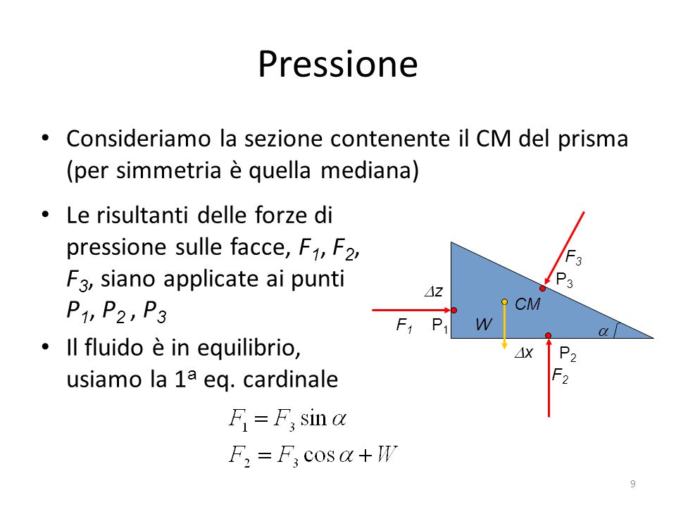Pressione Consideriamo la sezione contenente il CM del prisma (per simmetria è quella mediana)