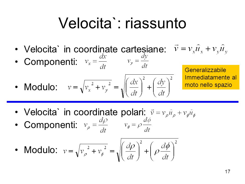 Velocita`: riassunto Velocita` in coordinate cartesiane: Componenti: