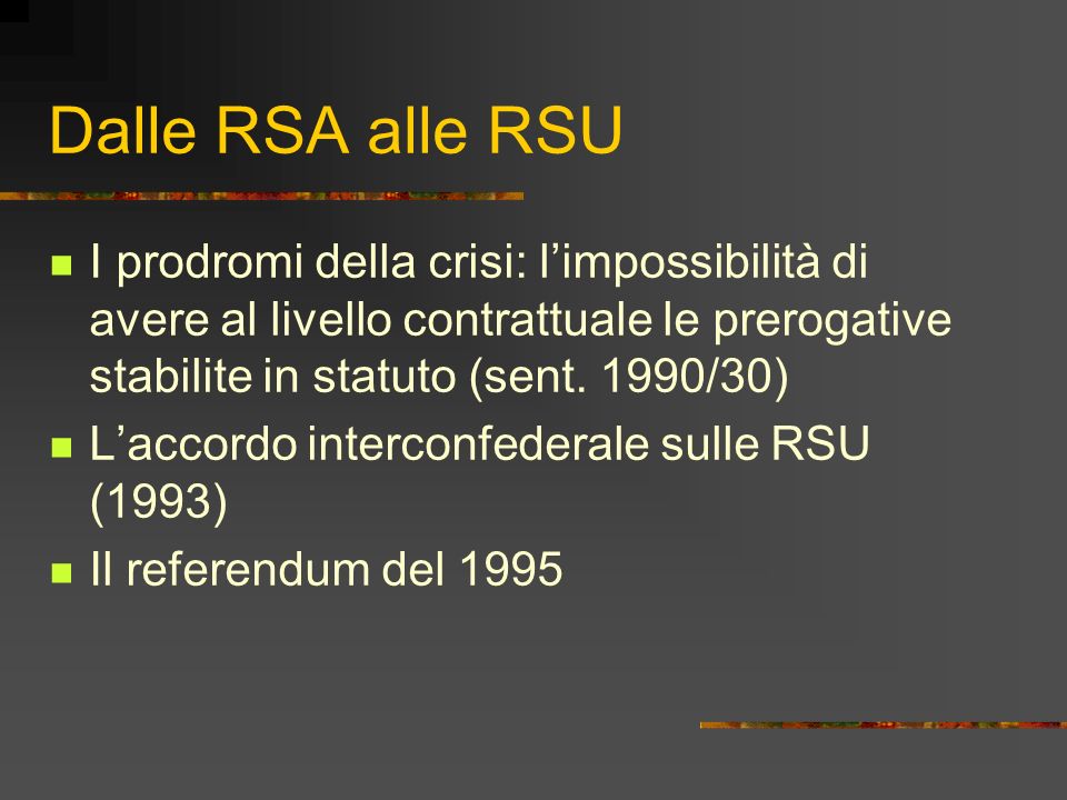 Dalle RSA alle RSU I prodromi della crisi: l’impossibilità di avere al livello contrattuale le prerogative stabilite in statuto (sent. 1990/30)