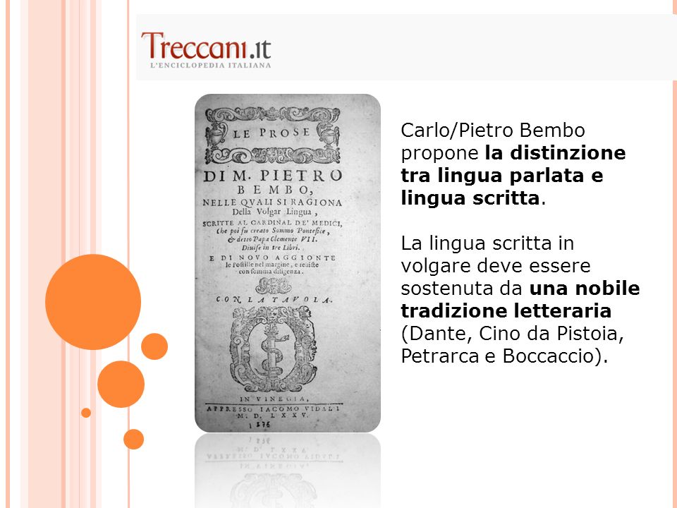 Carlo/Pietro Bembo propone la distinzione tra lingua parlata e lingua scritta.