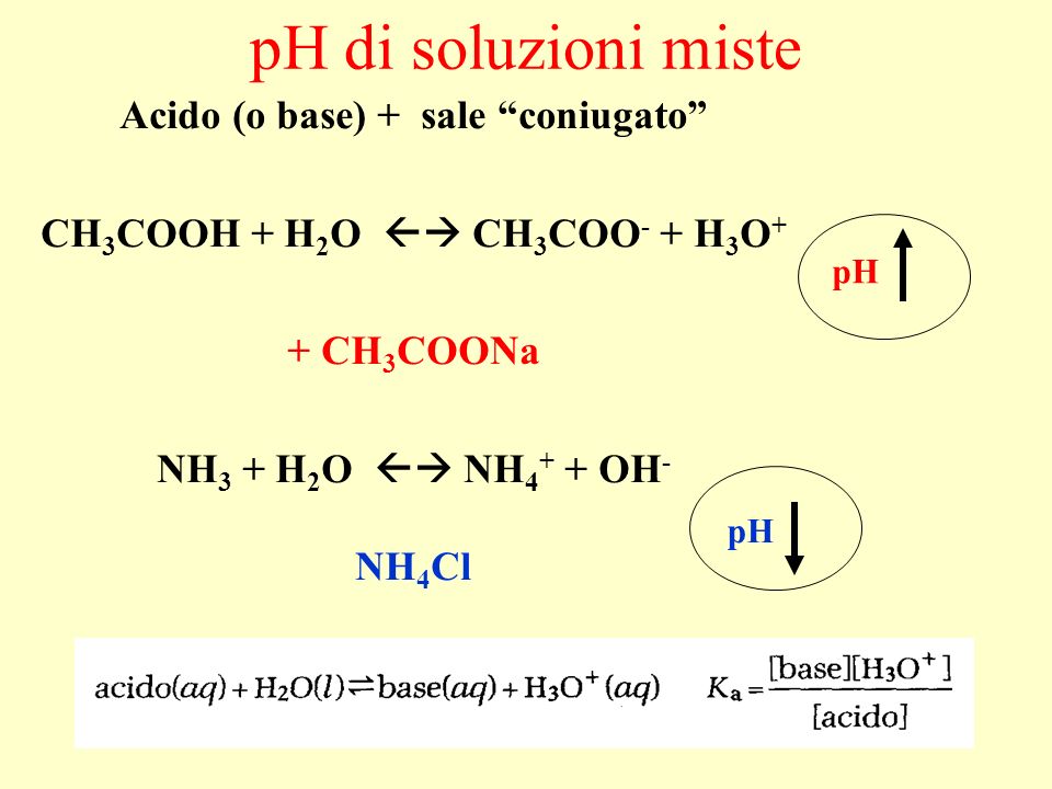 Acido (o base) + sale coniugato CH3COOH + H2O  CH3COO- + H3O+