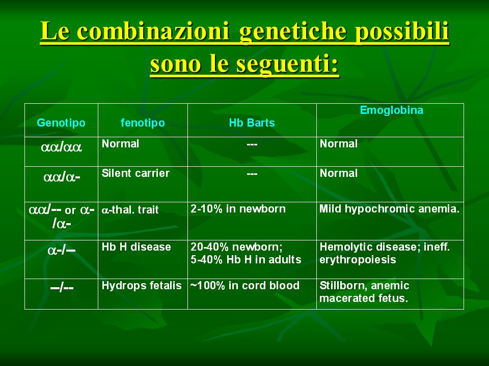 Le combinazioni genetiche possibili sono le seguenti: