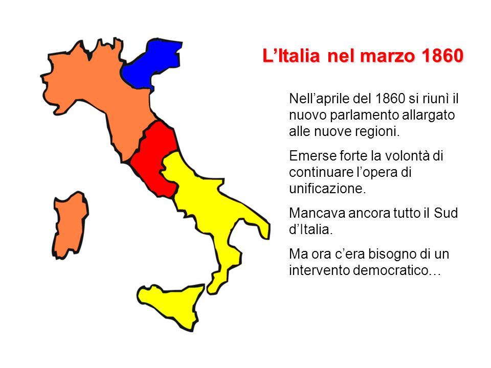 L’Italia nel marzo 1860 Nell’aprile del 1860 si riunì il nuovo parlamento allargato alle nuove regioni.