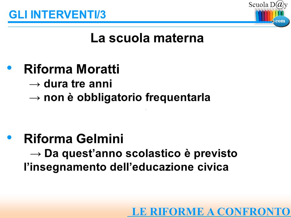 La scuola materna Riforma Moratti Riforma Gelmini GLI INTERVENTI/3