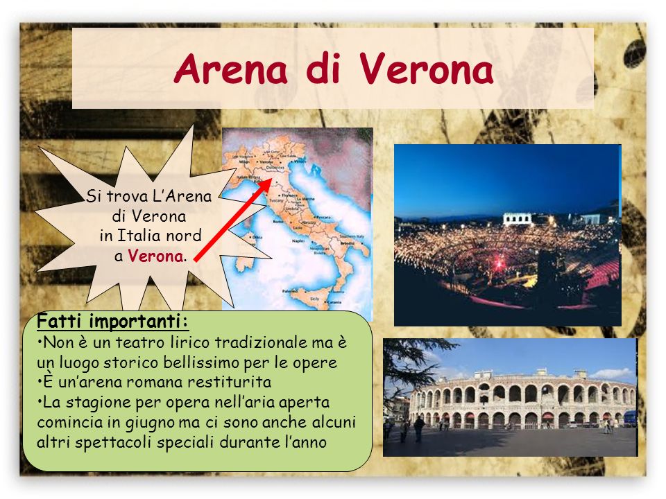 Arena di Verona Fatti importanti: Si trova L’Arena di Verona