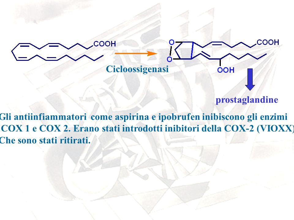 Cicloossigenasi prostaglandine. Gli antiinfiammatori come aspirina e ipobrufen inibiscono gli enzimi.