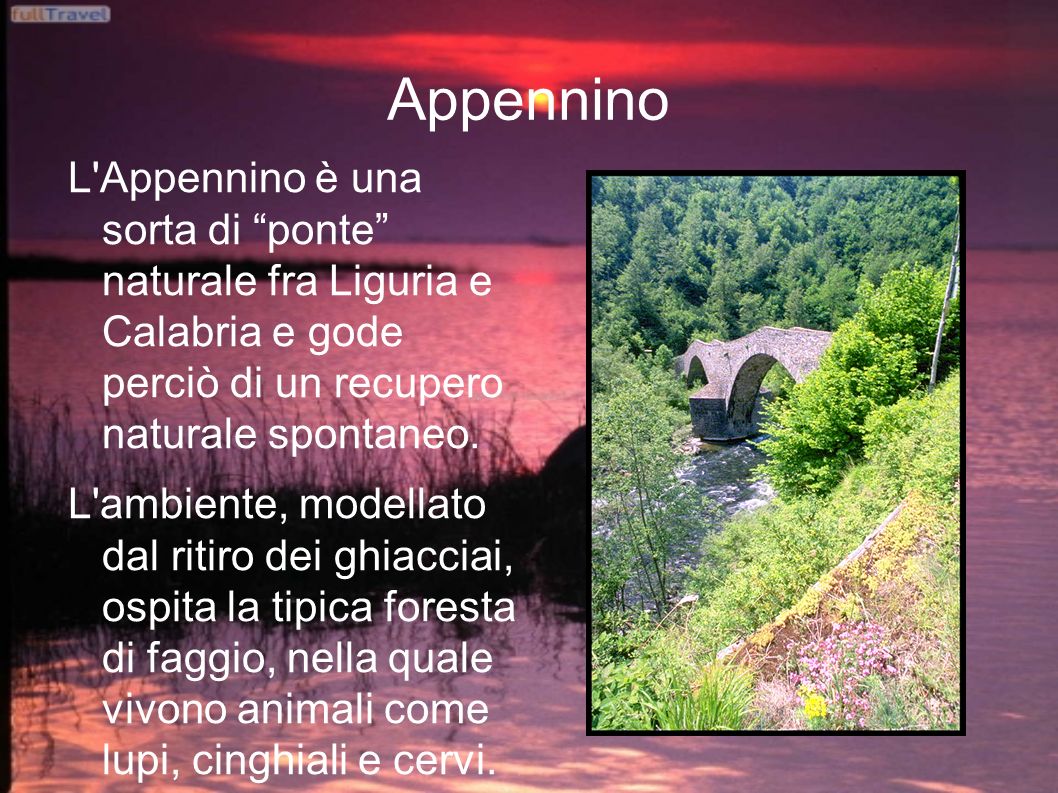 Appennino L Appennino è una sorta di ponte naturale fra Liguria e Calabria e gode perciò di un recupero naturale spontaneo.
