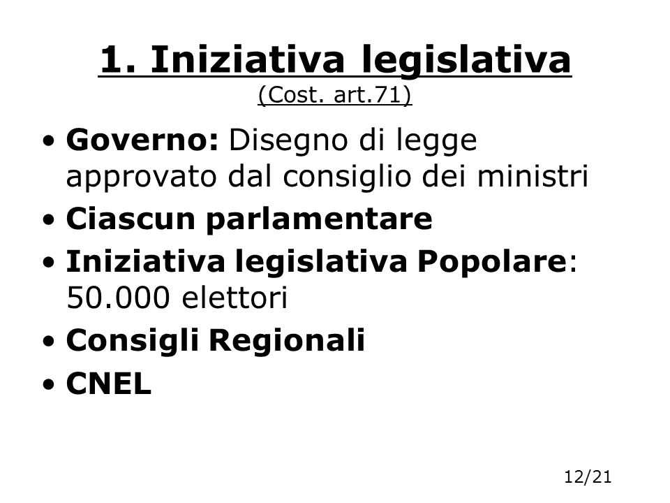 1. Iniziativa legislativa (Cost. art.71)