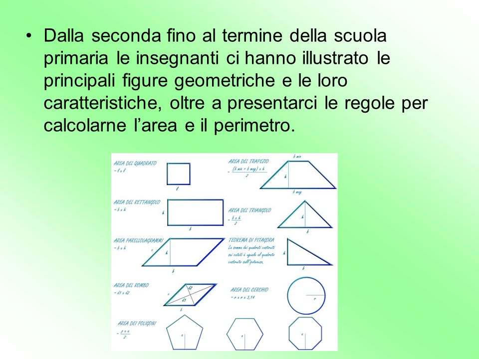 Dalla seconda fino al termine della scuola primaria le insegnanti ci hanno illustrato le principali figure geometriche e le loro caratteristiche, oltre a presentarci le regole per calcolarne l’area e il perimetro.