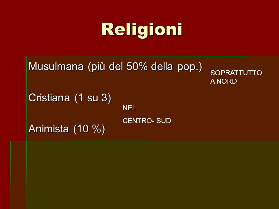 Religioni Musulmana (più del 50% della pop.) Cristiana (1 su 3)
