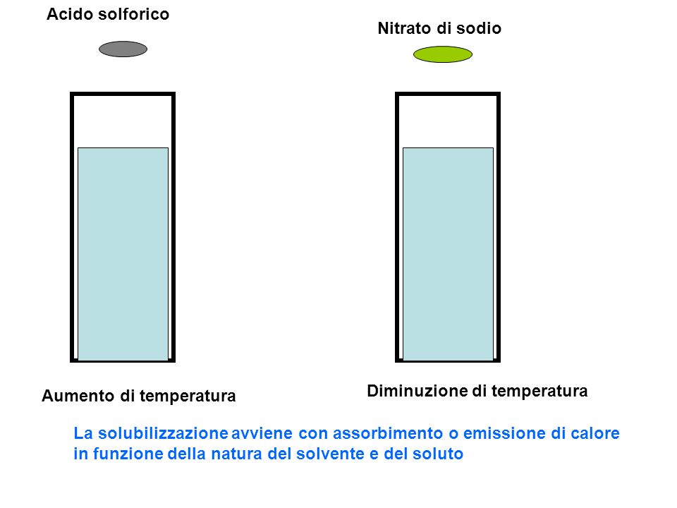 Acido solforico Nitrato di sodio. Diminuzione di temperatura. Aumento di temperatura.