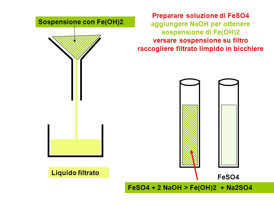 Preparare soluzione di FeSO4 aggiungere NaOH per ottenere sospensione di Fe(OH)2 versare sospensione su filtro raccogliere filtrato limpido in bicchiere