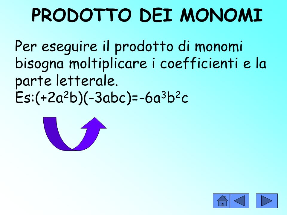 PRODOTTO DEI MONOMI Per eseguire il prodotto di monomi bisogna moltiplicare i coefficienti e la parte letterale.