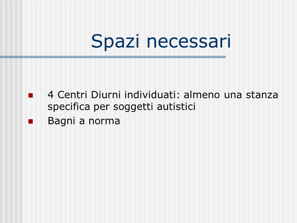 Spazi necessari 4 Centri Diurni individuati: almeno una stanza specifica per soggetti autistici.